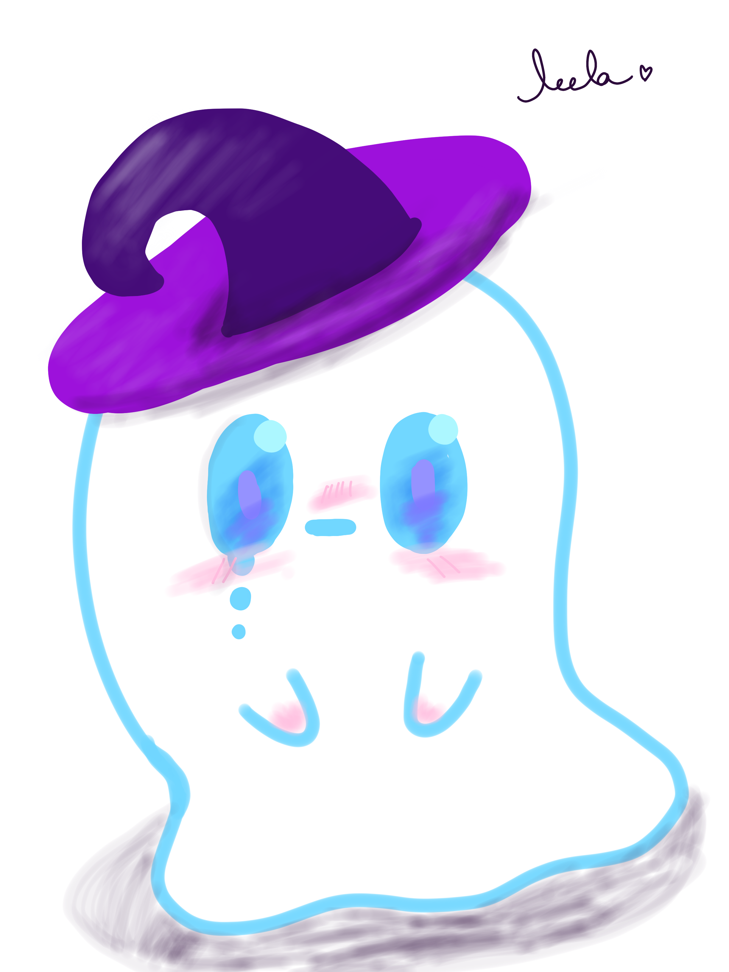 Leela’s drawing of a little blue ghost wearing a purple witch hat